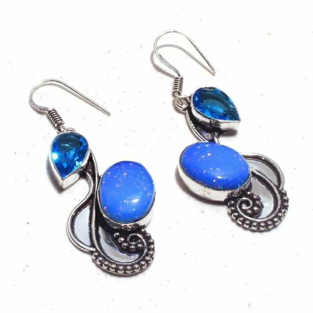 New Fire Opal and Blue Topaz 925 Silver Statement Earrings.